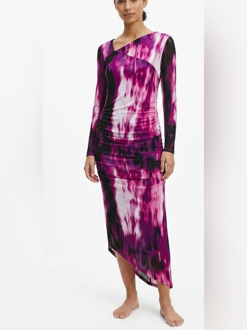 Calvin Klein Purple Black Abstract Print Long Sleeve Ruched Midi Dress Size M